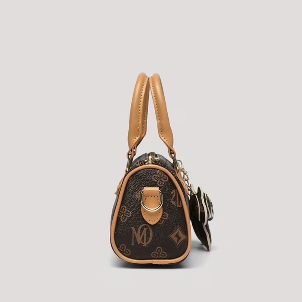 Brown Monogram Barrel Bag Designer Inspired with Puppy Charm & Golden-Tone NIP - Picture 4 of 13